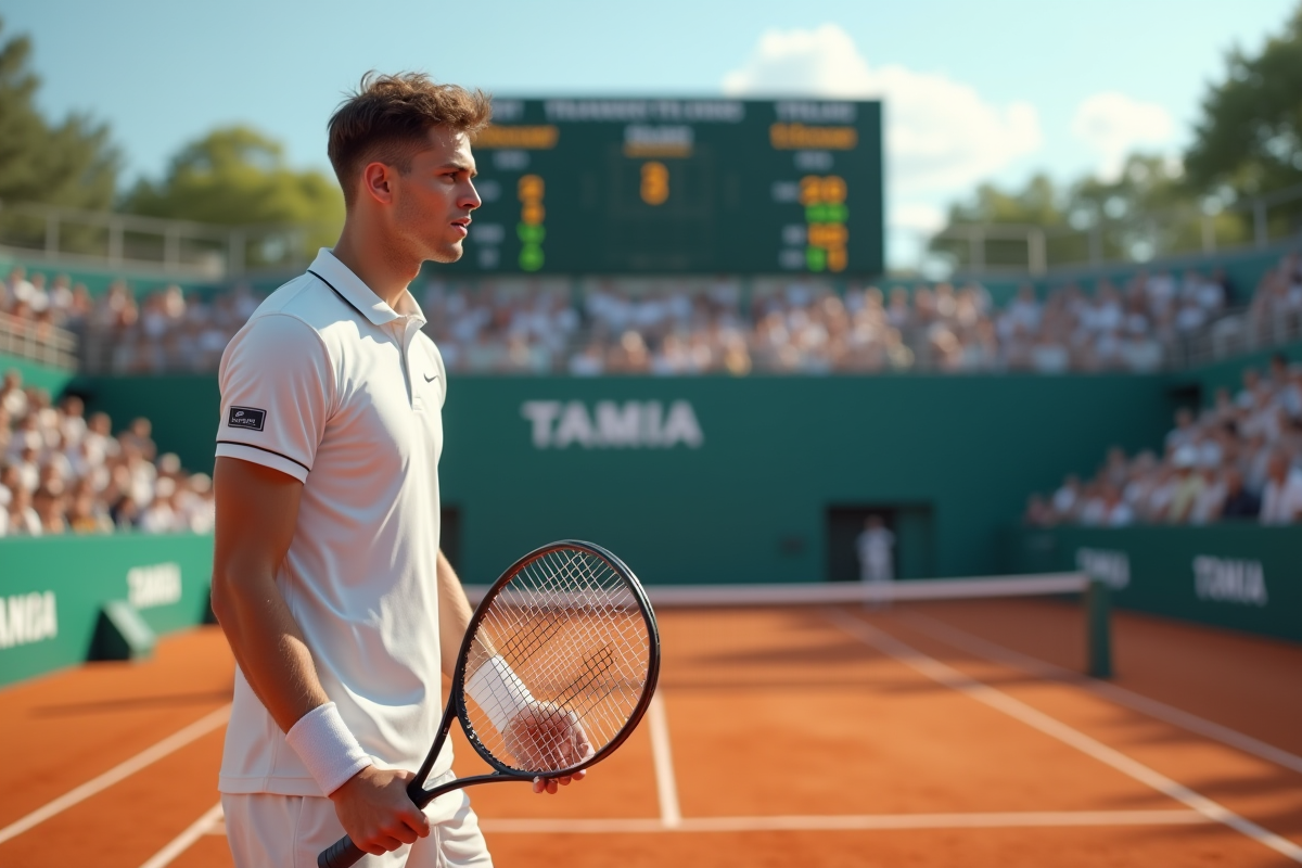 Jeune joueur de tennis regardant le tableau de score sur un court en terre battue
