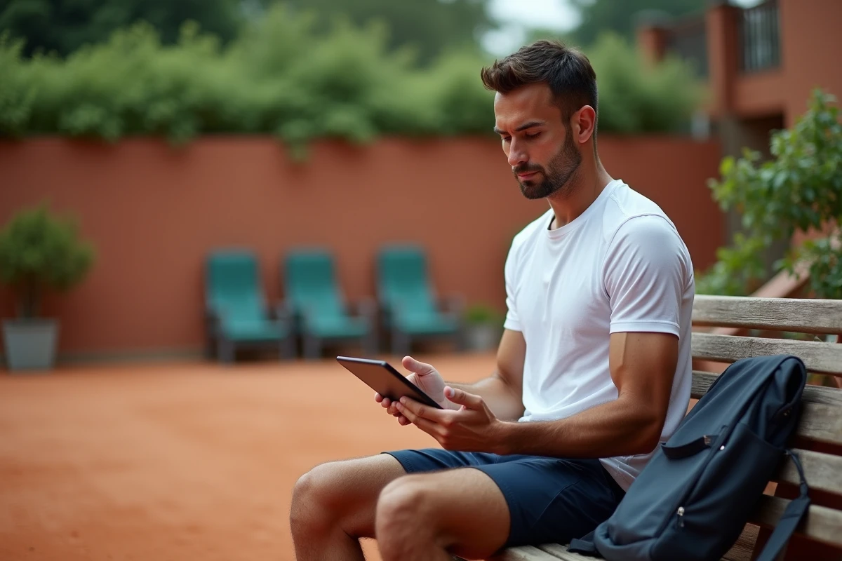 Joueur de tennis consultant un tableau de points sur tablette en bord de court pour planifier ses tournois P100 en 2026