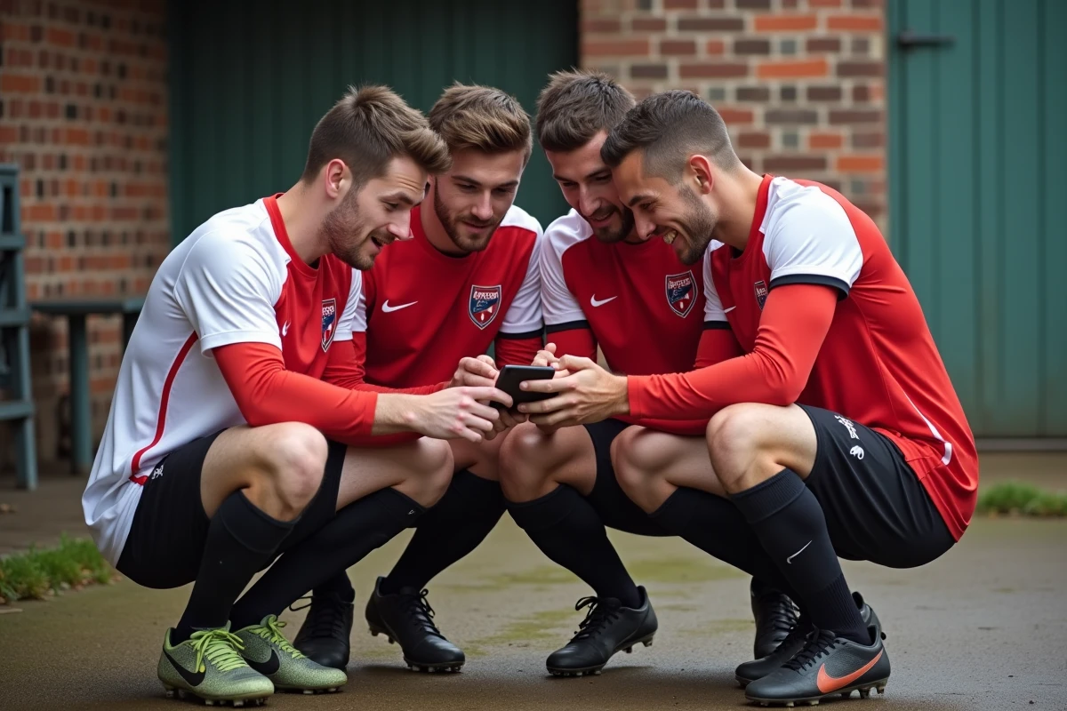 Joueurs de football amateur consultant les résultats du tirage Coupe de France Pays de la Loire sur smartphone