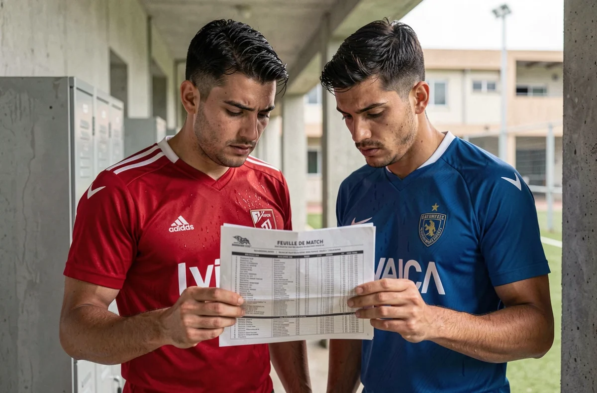 Joueurs de football en Vendée vérifiant leur feuille de match avant un match de district