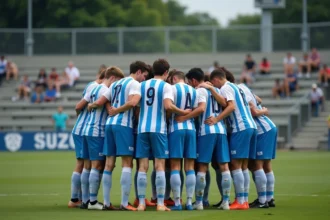 Groupe de joueurs de football amateur en maillot bleu et blanc lors d'un match local à Amiens