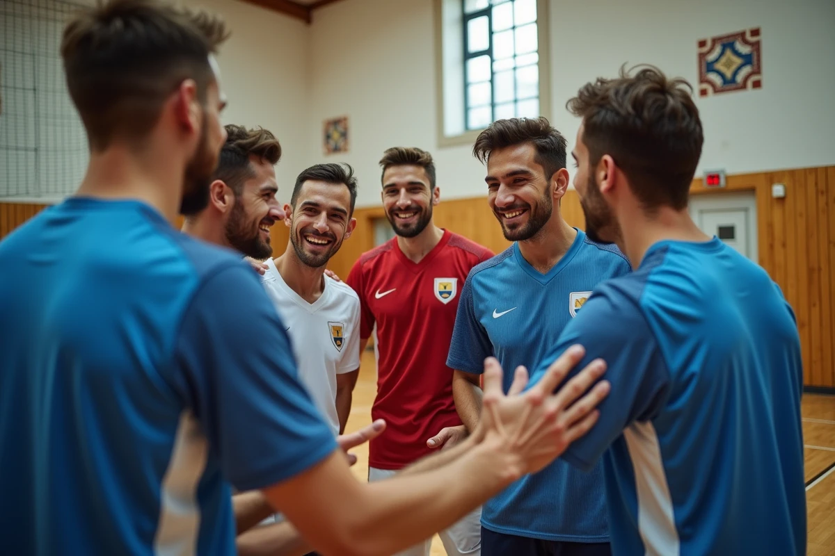 Groupe multiculturel de joueurs de handball en salle au Portugal, souriant en cercle sur un parquet intérieur