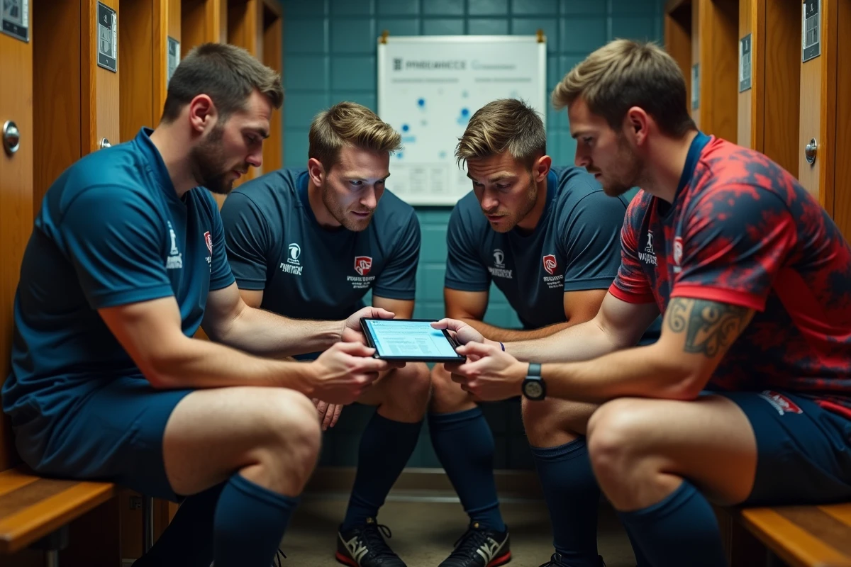 Joueurs de rugby amateur consultant le nouveau règlement fédéral français 2026 dans un vestiaire de club