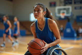 Jeune joueuse en fauteuil basket en action sur terrain intérieur