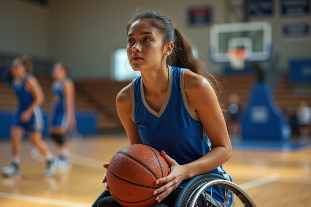 Jeune joueuse en fauteuil basket en action sur terrain intérieur