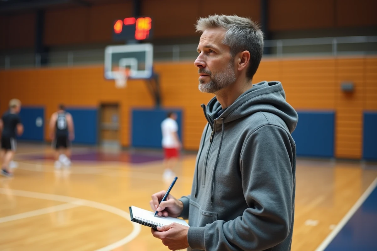 Journaliste sportif prenant des notes lors d'un match de basketball dans une salle communautaire à Amiens