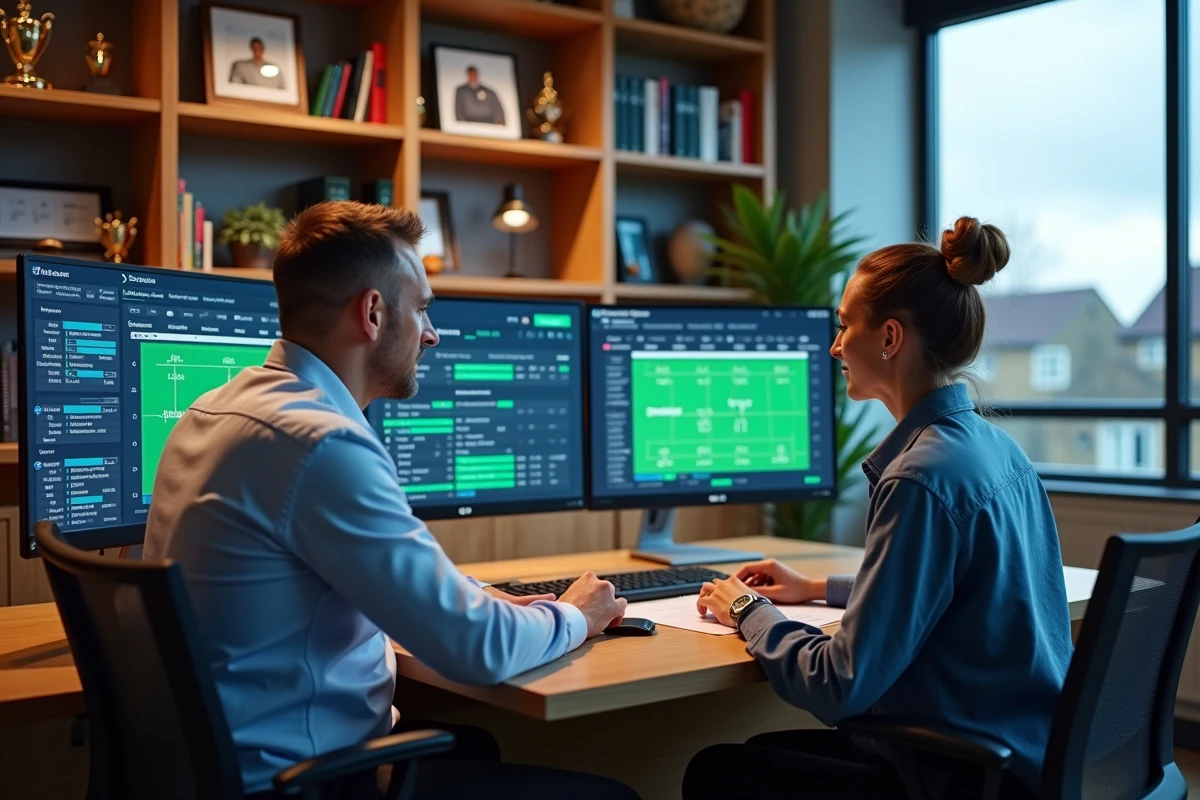 Journalistes sportifs analysant les statistiques de rugby