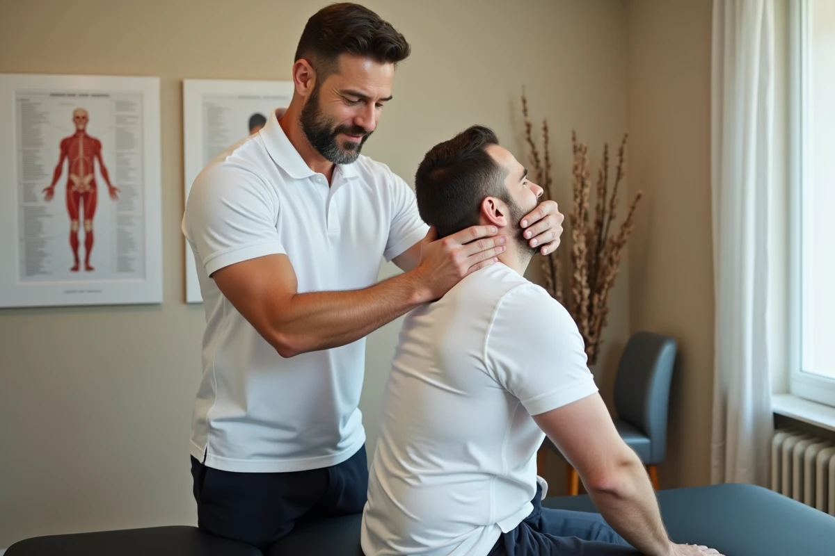 Kinésithérapeute guidant un patient dans un étirement latéral du cou en cabinet de physiothérapie