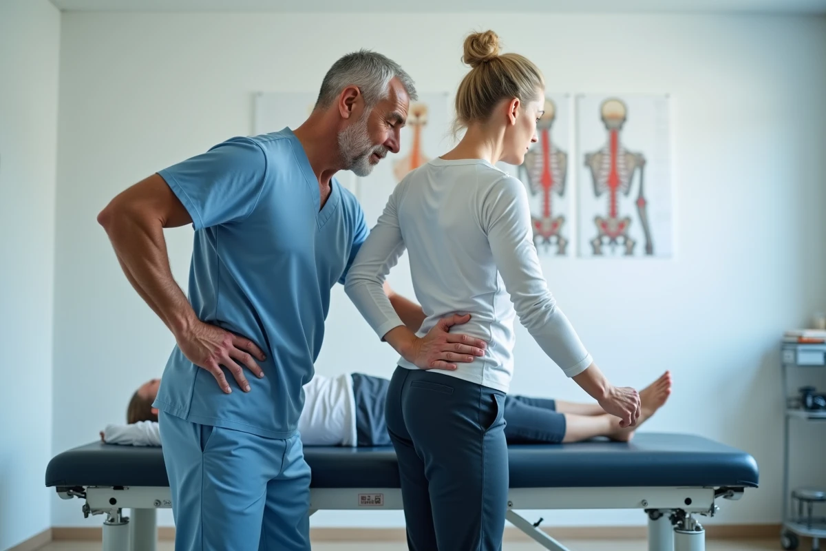 Kinésithérapeute guidant une patiente dans des exercices de renforcement des muscles du dos en cabinet