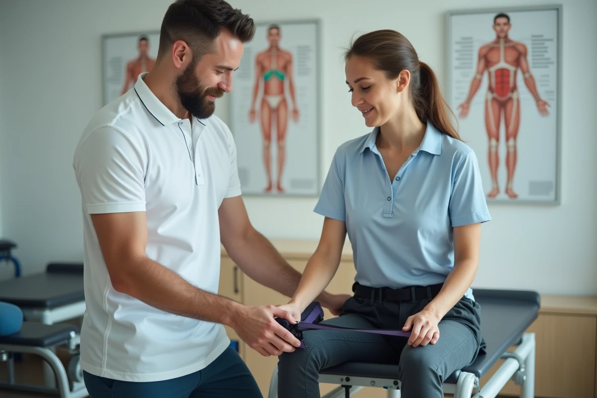 Kinésithérapeute guidant une patiente dans des exercices de renforcement du genou avec bande élastique