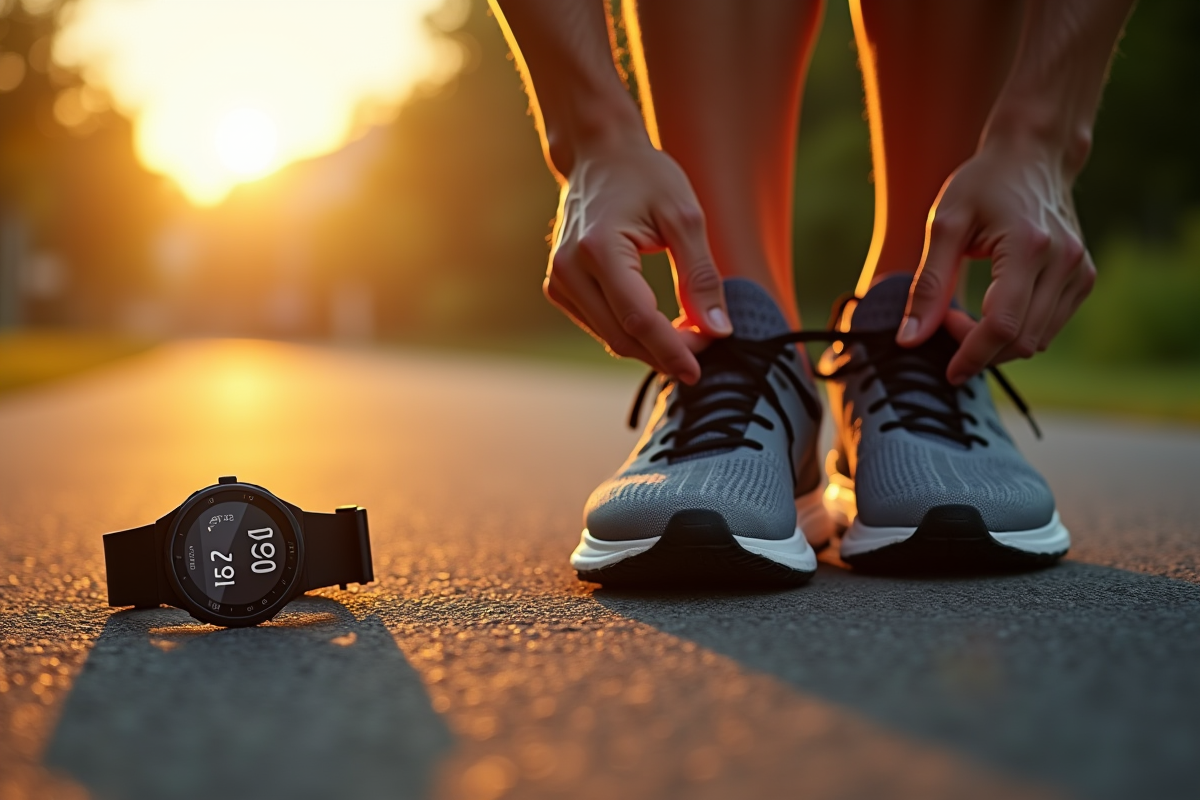 Mains attachant des lacets de course avec montre sportive au matin