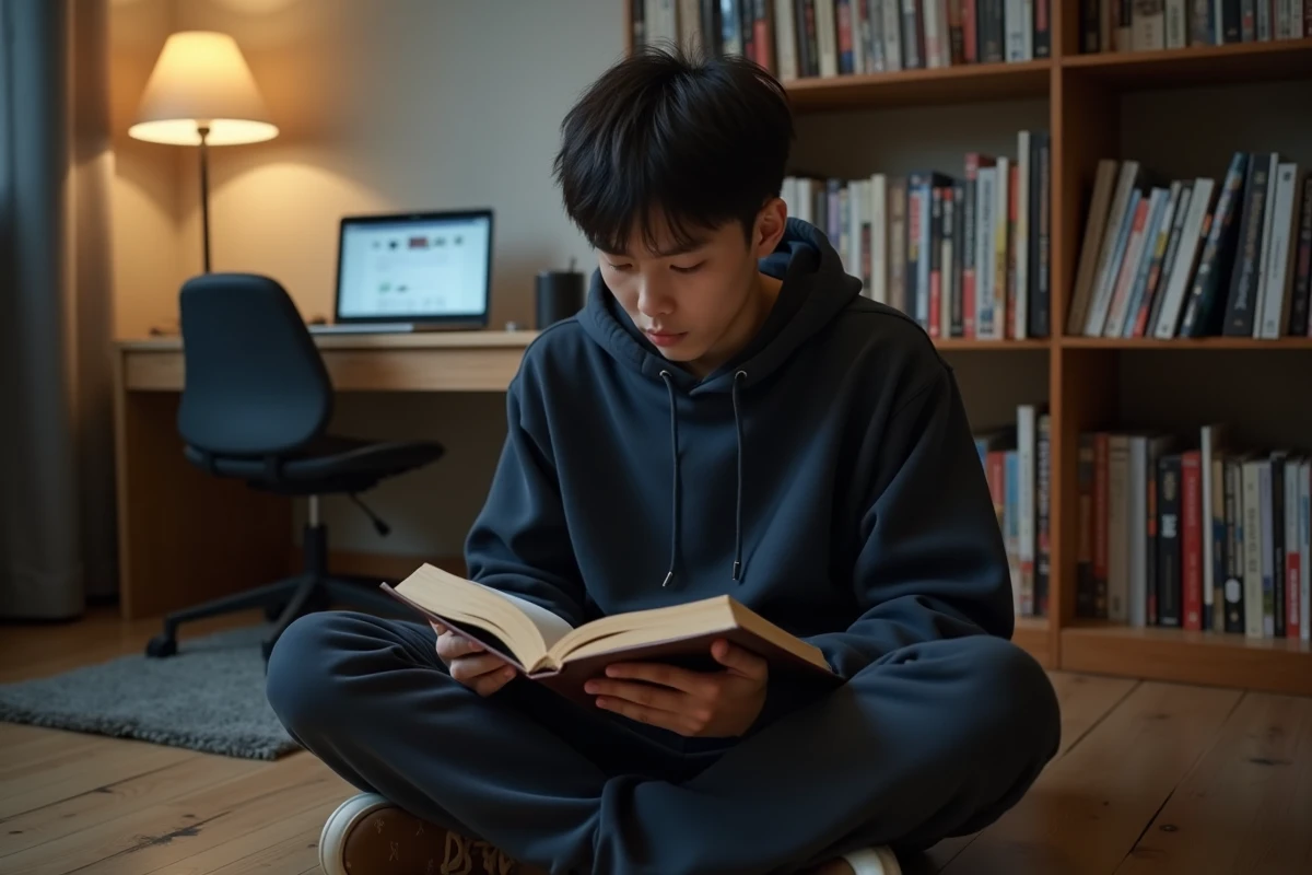Jeune homme lisant un manga dans sa chambre entourée de volumes empilés, ambiance cosy et authentique