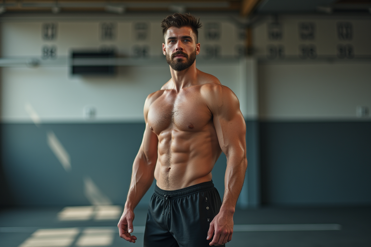 Lutteure athlétique debout dans la salle de sport avec repères
