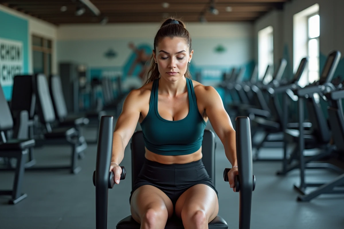 Femme utilisant la machine adducteurs en salle de sport pour muscler l'intérieur des cuisses