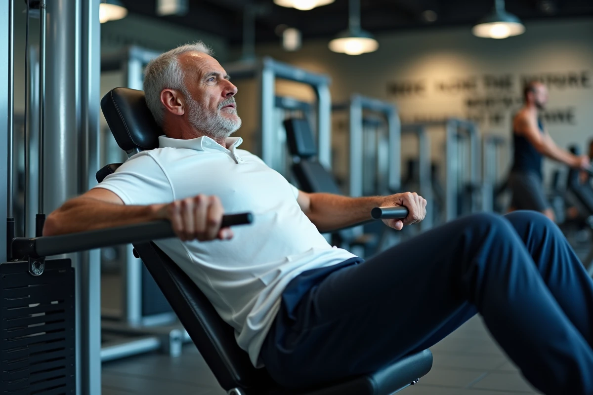 Homme d'âge mûr utilisant la machine à extension dorsale en salle de sport pour muscler ses lombaires