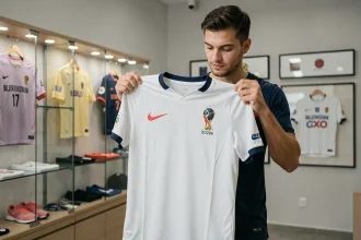Fan tenant un maillot Nike Coupe du Monde 2026 en édition collector dans une boutique de memorabilia sportif