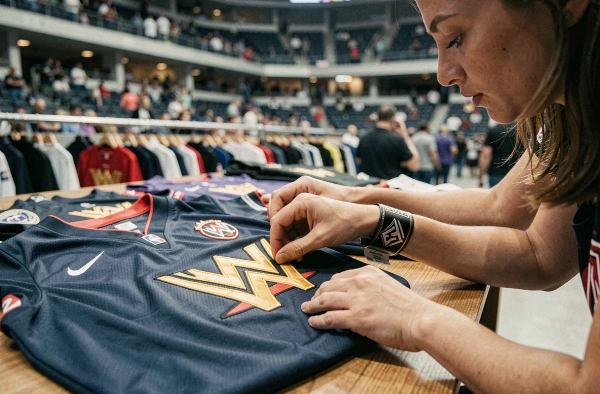 Femme inspectant un maillot officiel WWE lors d'un événement à Paris