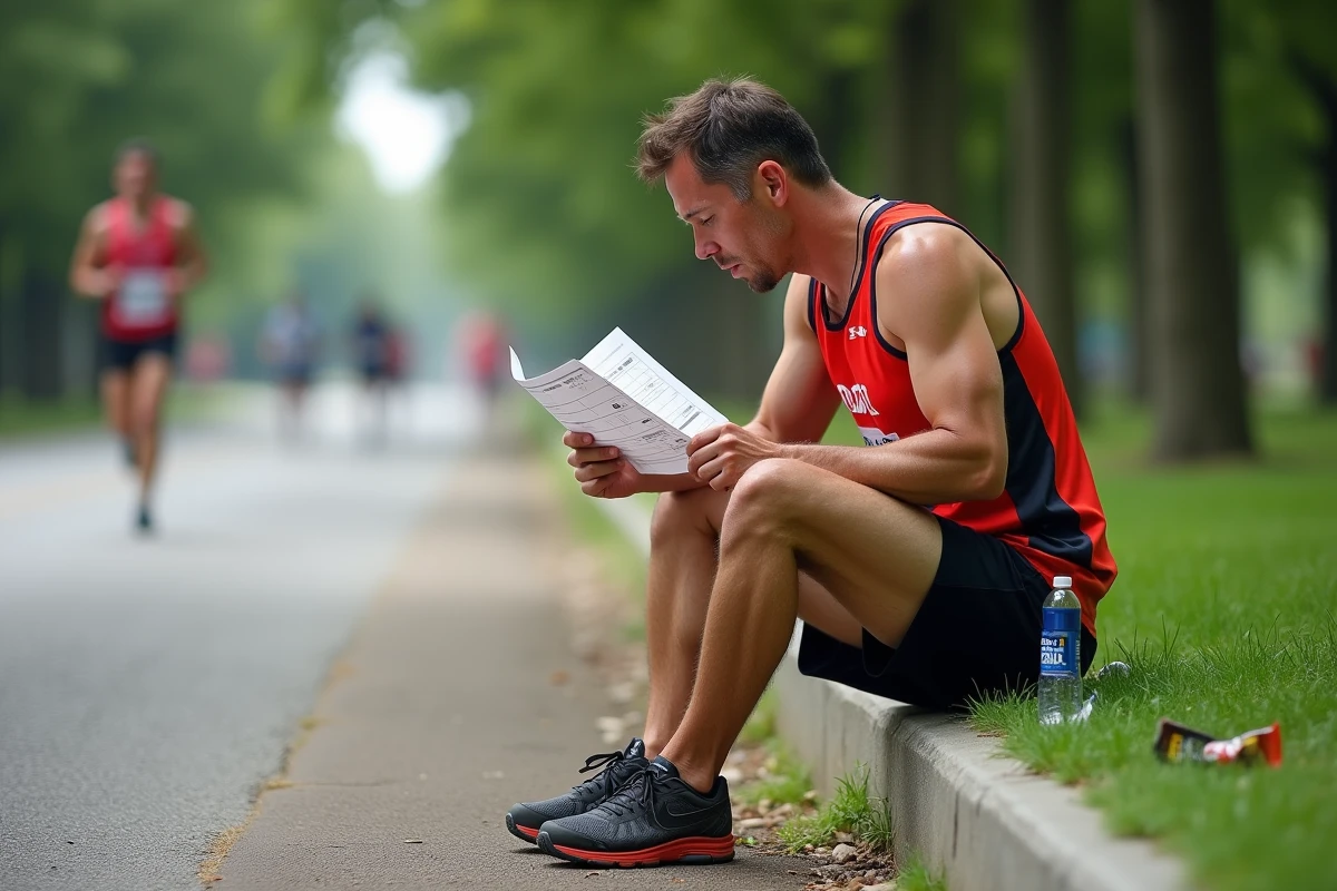 Coureur de marathon analysant un tableau de calcul de pace et de temps de course après l'entraînement