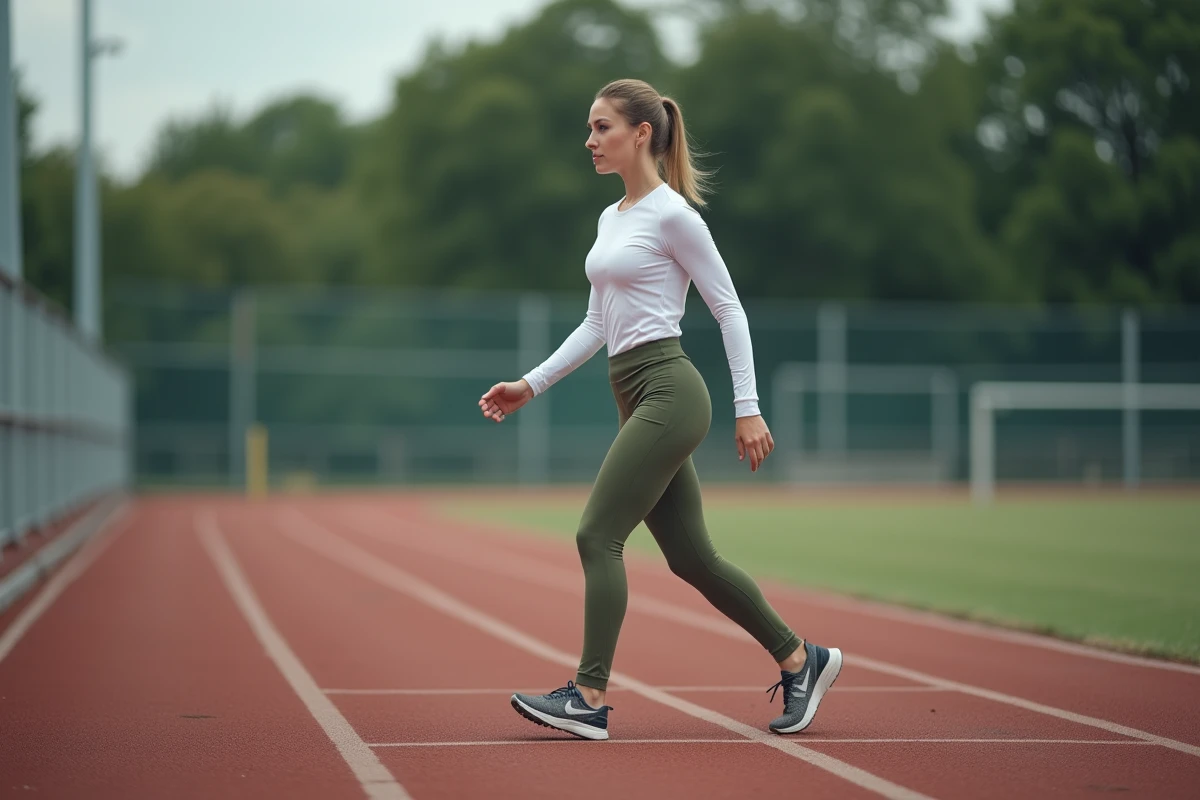 Femme faisant des pas latéraux avec élastique sur piste pour renforcer les adducteurs