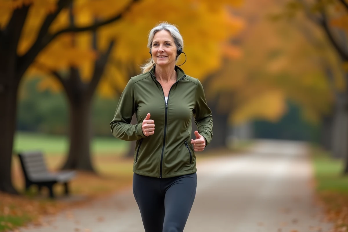 Femme active de 50 ans marchant en plein air dans un parc en automne dans le cadre d'un programme pour perdre du ventre