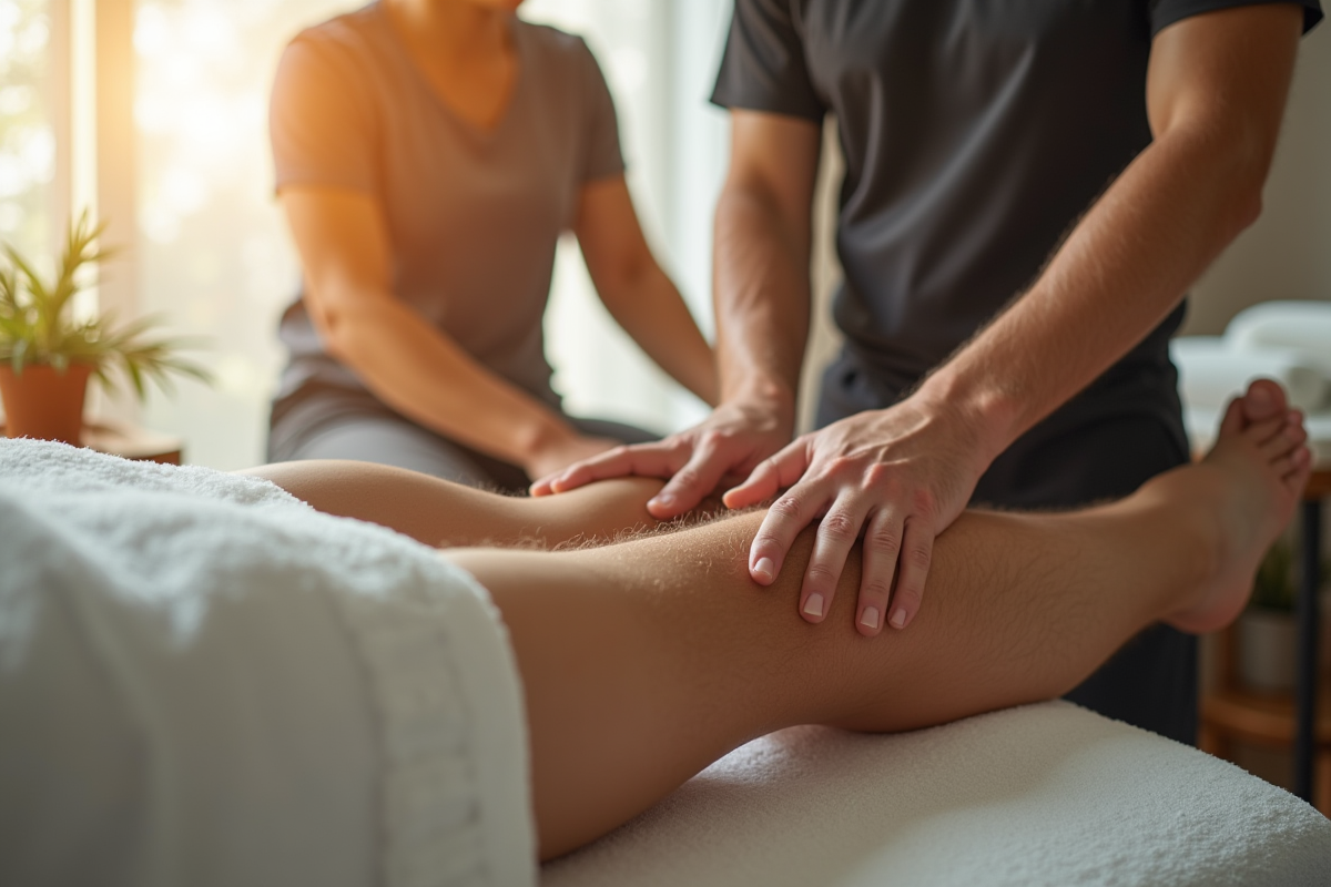 Massothérapeute sportif en action sur un athlète dans une clinique moderne