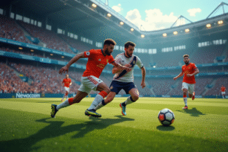 Match de football dynamique dans un stade moderne avec joueurs colorés