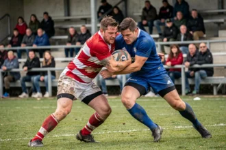 Deux joueurs de rugby en duel lors d'un match de Fédérale 2, plaquage intense sur pelouse naturelle dans un stade régional
