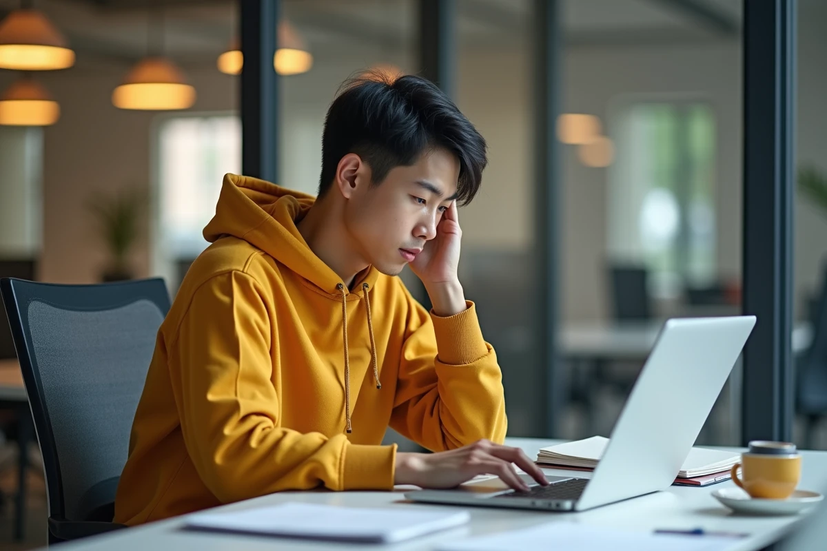Homme en position voûtée devant un ordinateur illustrant les mauvaises habitudes posturales au bureau