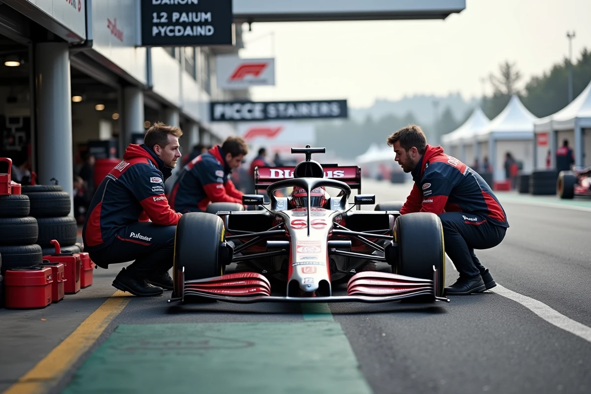Mécaniciens travaillant sur une monoplace en coulisses dans le paddock d'un circuit de course automobile
