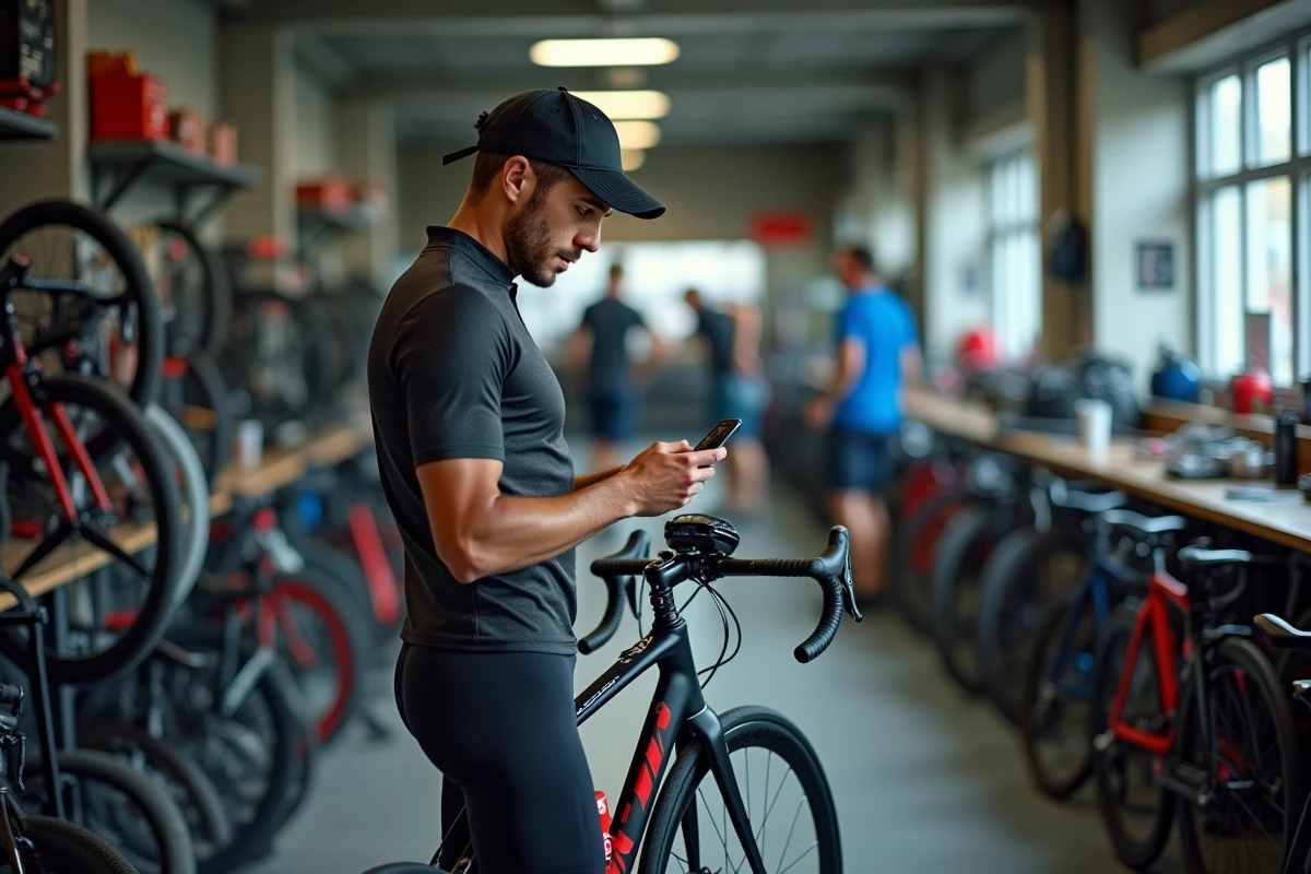 Cycliste consultant son téléphone dans un atelier d'équipe cycliste, entouré de vélos de course et matériel technique pendant le mercato 2026