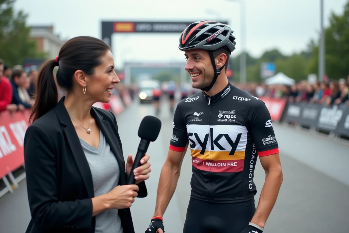 Journaliste sportive interviewant un cycliste professionnel en tenue de course après une étape, dans le contexte du mercato cyclisme 2026