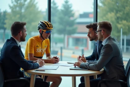 Cycliste professionnel en négociation de contrat lors du mercato cyclisme 2026, assis face à un directeur sportif dans une salle de réunion moderne