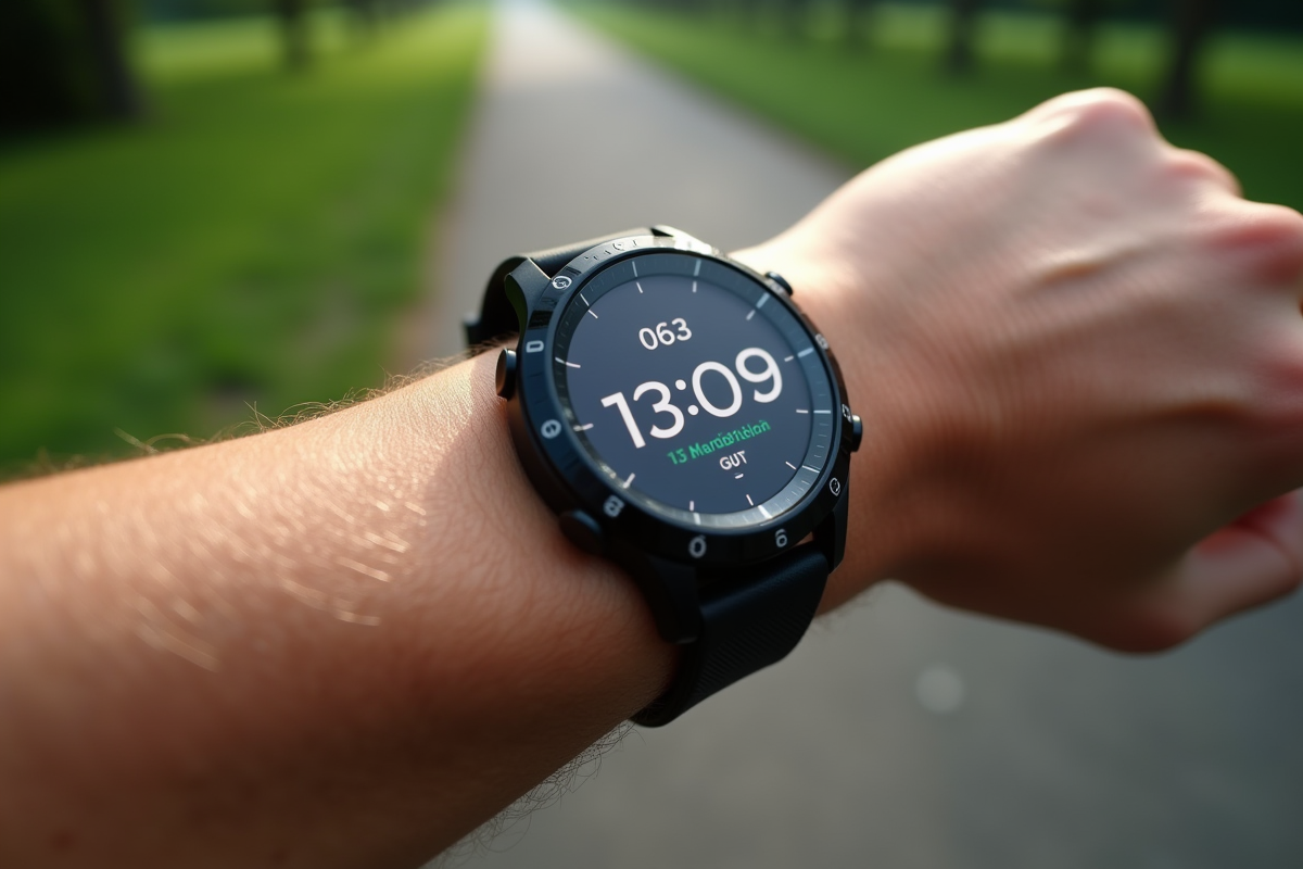 Montre connectée affichant la distance de course en kilomètres