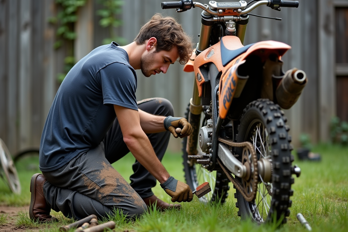 Jeune homme nettoyant la chaîne d'une moto tout-terrain
