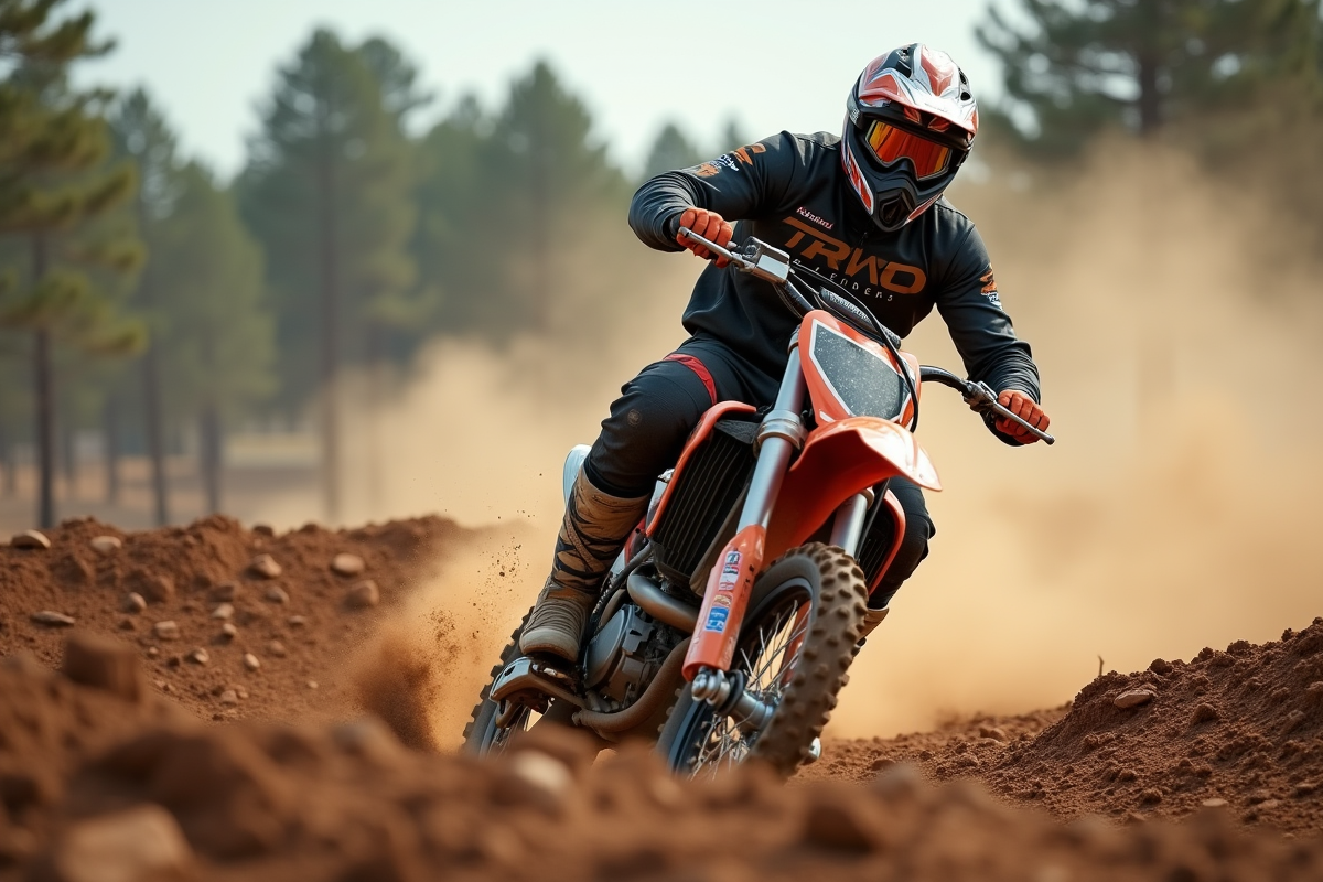 Jeune motocrossman concentré sur sa course en terrain accidenté
