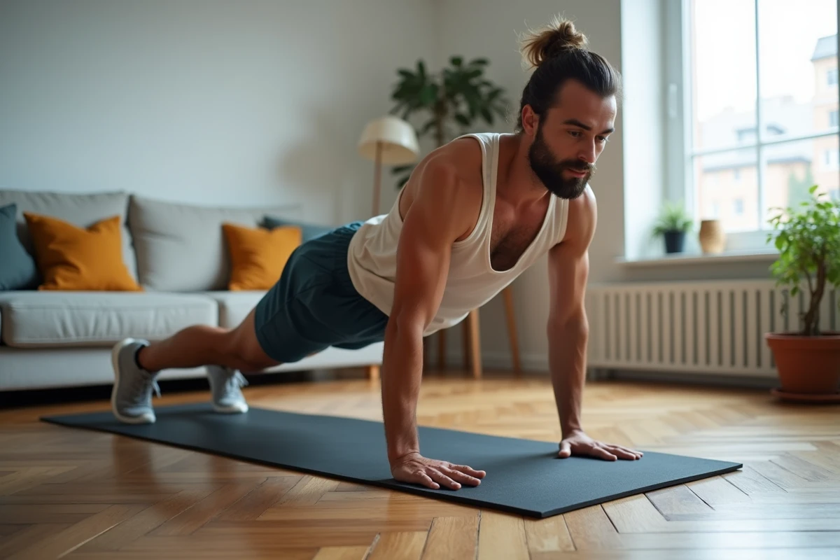 Exercice de mountain climber pour renforcer les abdominaux inférieurs dans un appartement de ville