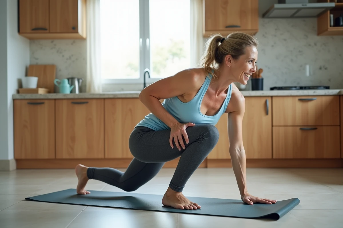 Femme pratiquant des mountain climbers dans une cuisine moderne pour perdre du ventre