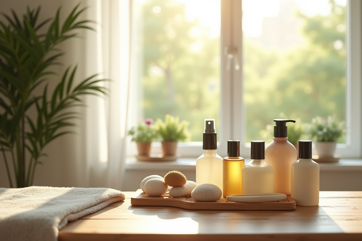 Outils de massage et huiles naturelles sur une table en bois dans une ambiance calme