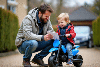 Père et fils souriants avec une petite moto tout-terrain