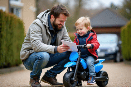 Père et fils souriants avec une petite moto tout-terrain