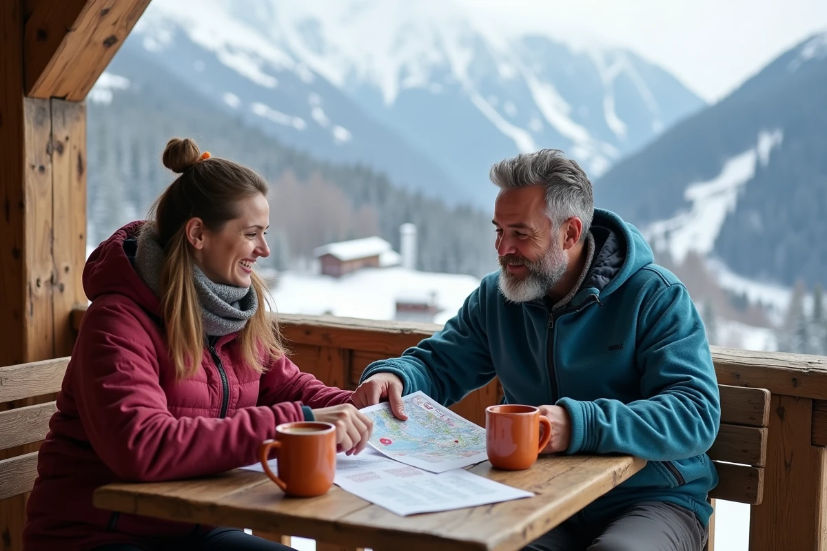 Parents consultant un forfait et une carte de la station des Deux Alpes en terrasse de restaurant de montagne