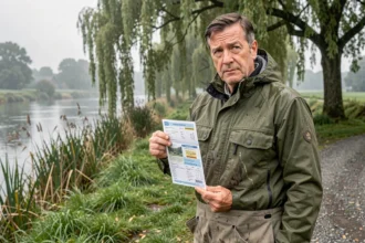 Pêcheur tenant son permis de pêche 2026 au bord d'une rivière française en questionnant le prix de la licence
