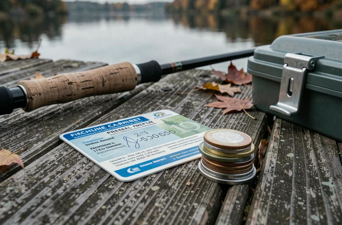 Permis de pêche annuel français et pièces en euros posés sur un ponton en bois au bord d'un lac, illustrant le coût de la licence 2026
