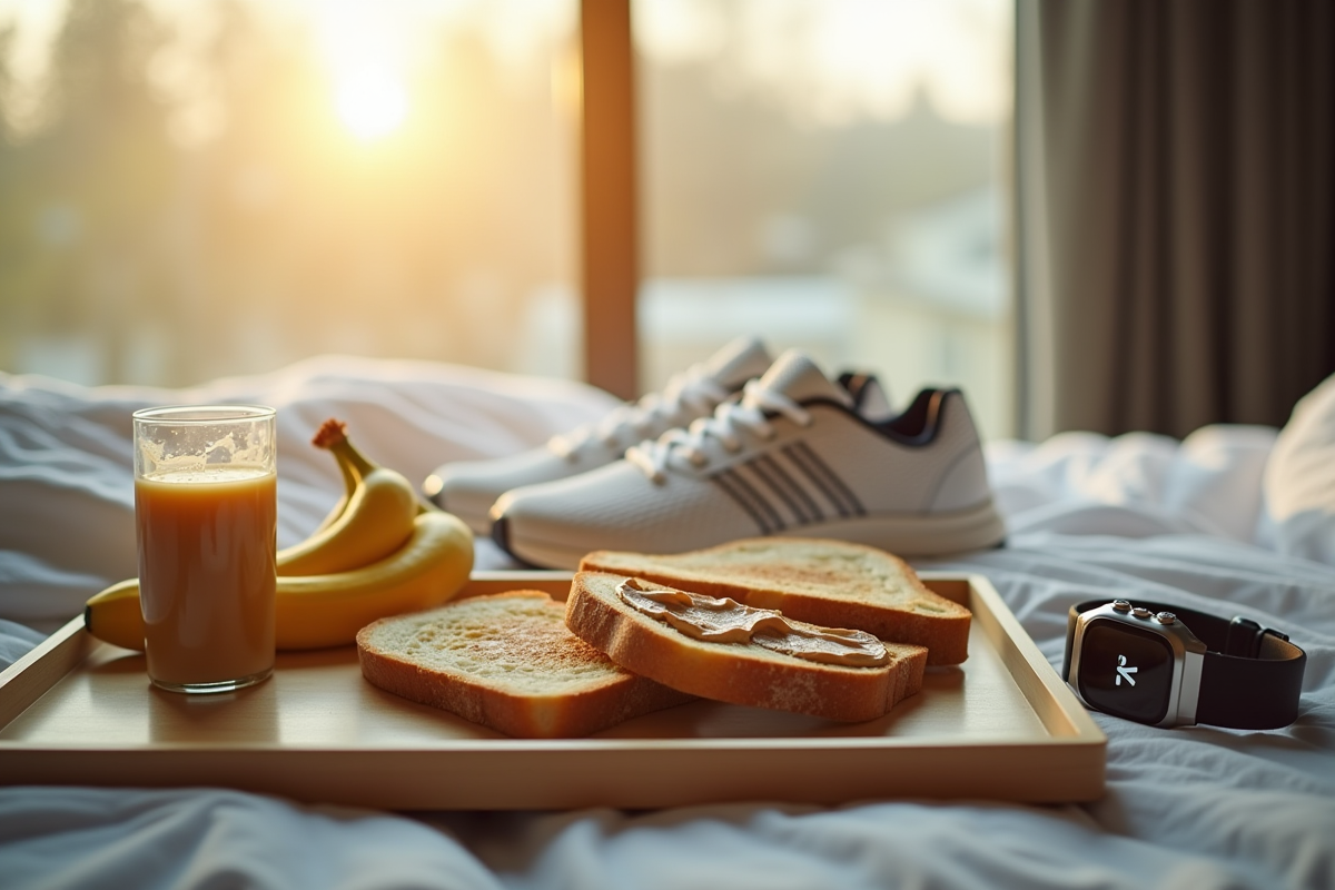 Plateau petit déjeuner avec bananes et toast au lit
