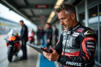 Pilote MotoGP professionnel analysant des données de télémétrie dans le garage des stands avant une course
