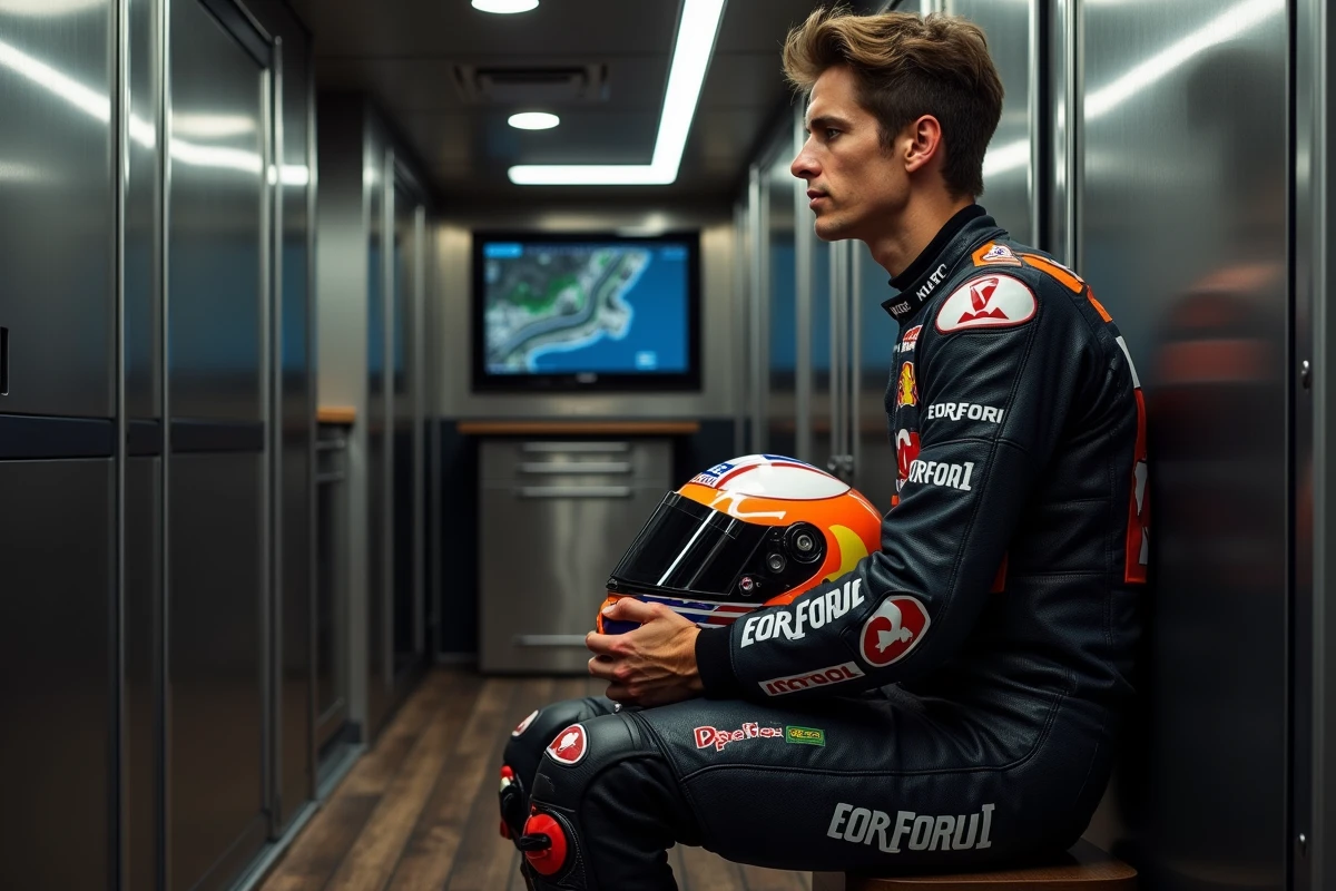 Pilote MotoGP en phase de préparation mentale dans le motorhome du paddock avant les qualifications