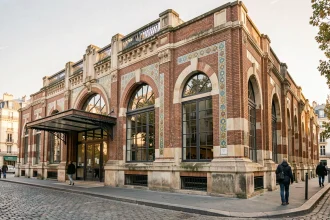 Façade extérieure de la piscine de la Butte aux Cailles à Paris, architecture Art Déco en briques et pierres ornées