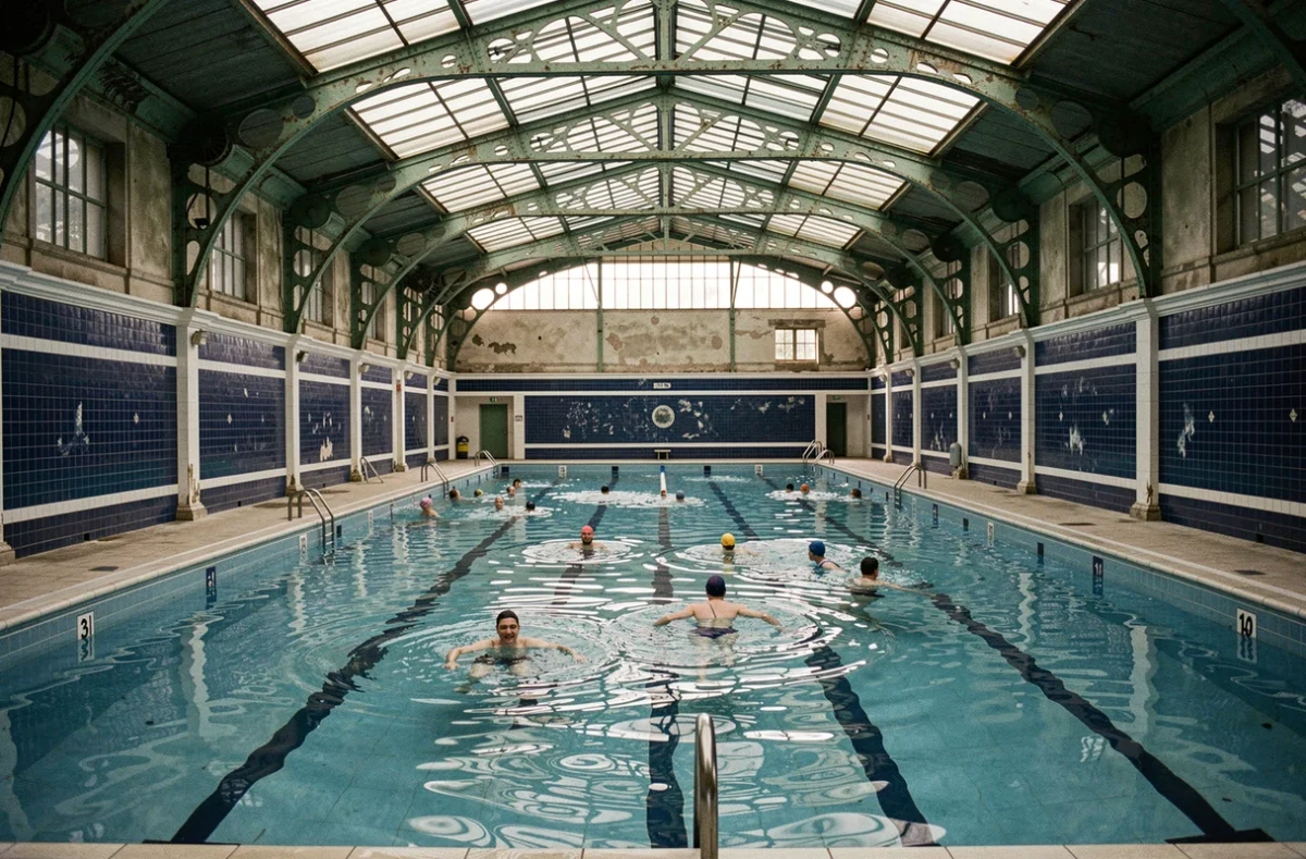 Intérieur de la piscine de la Butte aux Cailles avec bassin carrelé, structure métallique et verrière historique