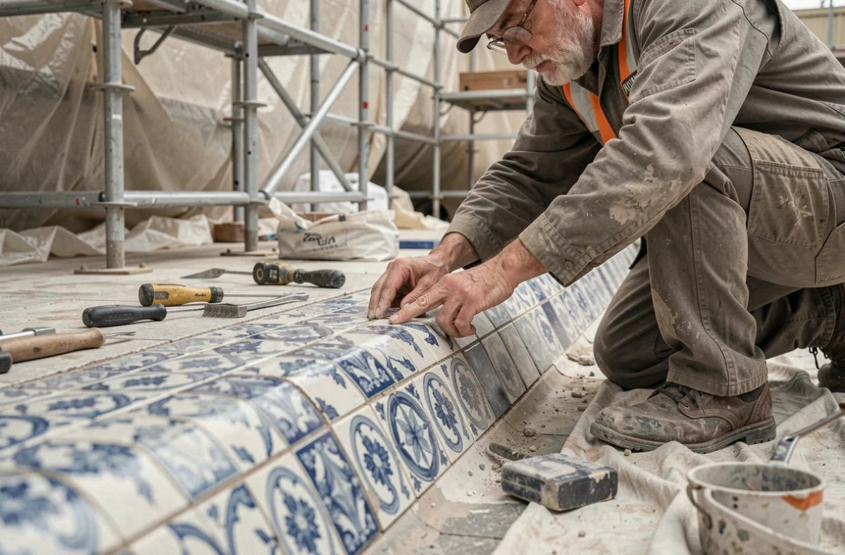 Travaux de rénovation en cours à la piscine de la Butte aux Cailles, ouvrier restaurant les carreaux de mosaïque historiques