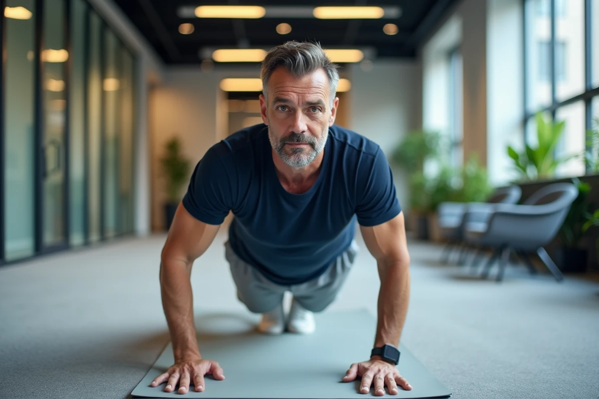 Homme tenant la planche abdominale pour renforcer le bas du dos dans un espace bien-être en entreprise